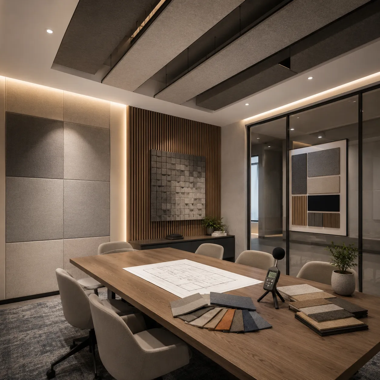 Conference room with acoustic wall and ceiling panels, a long wood table and material samples laid out for review